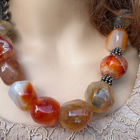 LARGE POLISHED CARNELIAN STONE STERLING SILVER NECKLACE - Picture 12 of 13